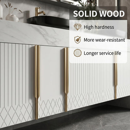 60''-96'' Double Bathroom Vanity with Sink Floating White Marble-Effect Vertical Grooves Glass