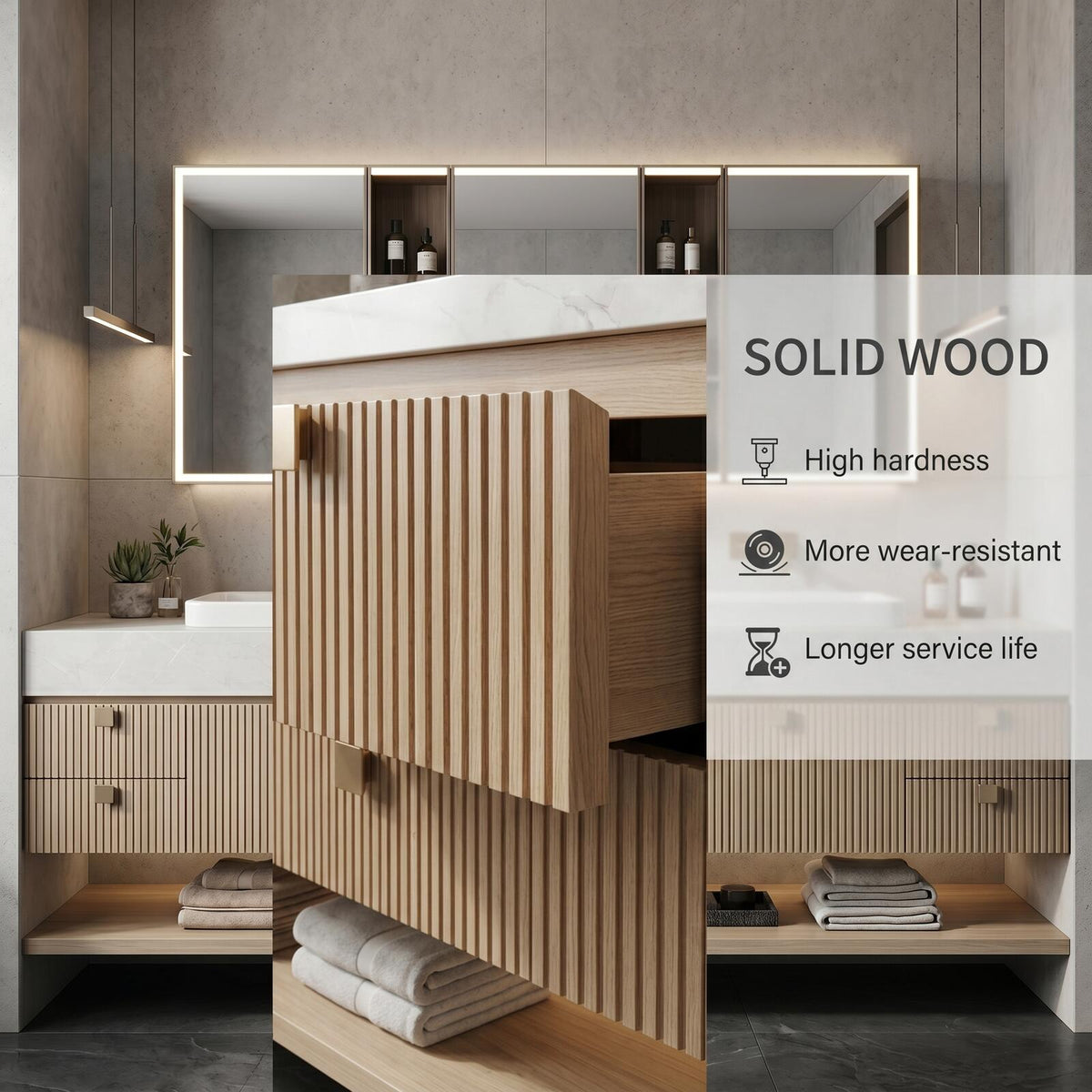 60''-96'' Double Bathroom Vanity with Sink Modern Floating Slatted Front Panels Open Shelf