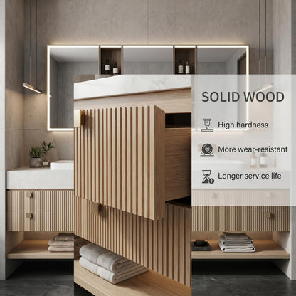 60''-96'' Double Bathroom Vanity with Sink Modern Floating Slatted Front Panels Open Shelf