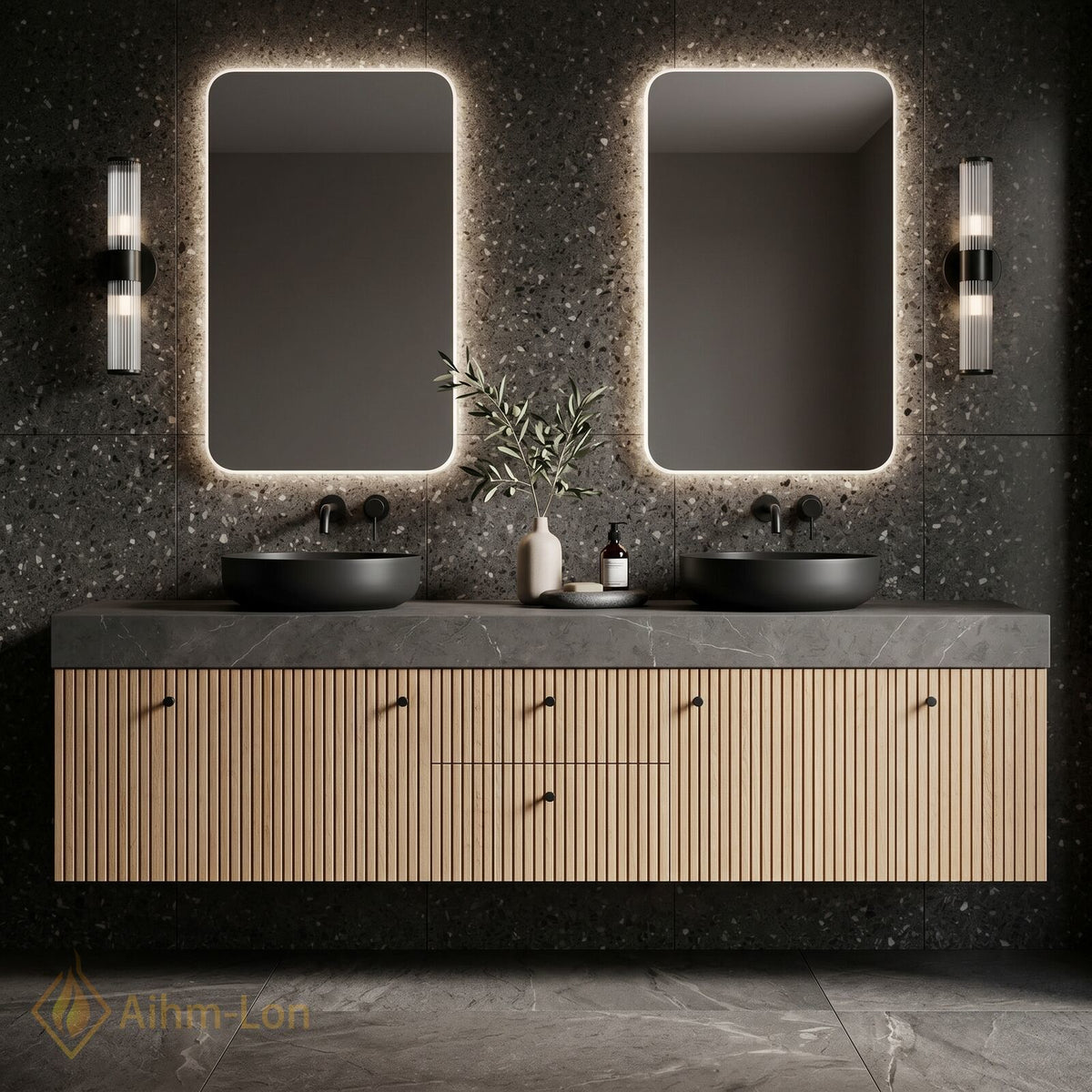 76''-96'' Double Bathroom Vanity with Sink Grey Stone Top Slatted Front Shelving
