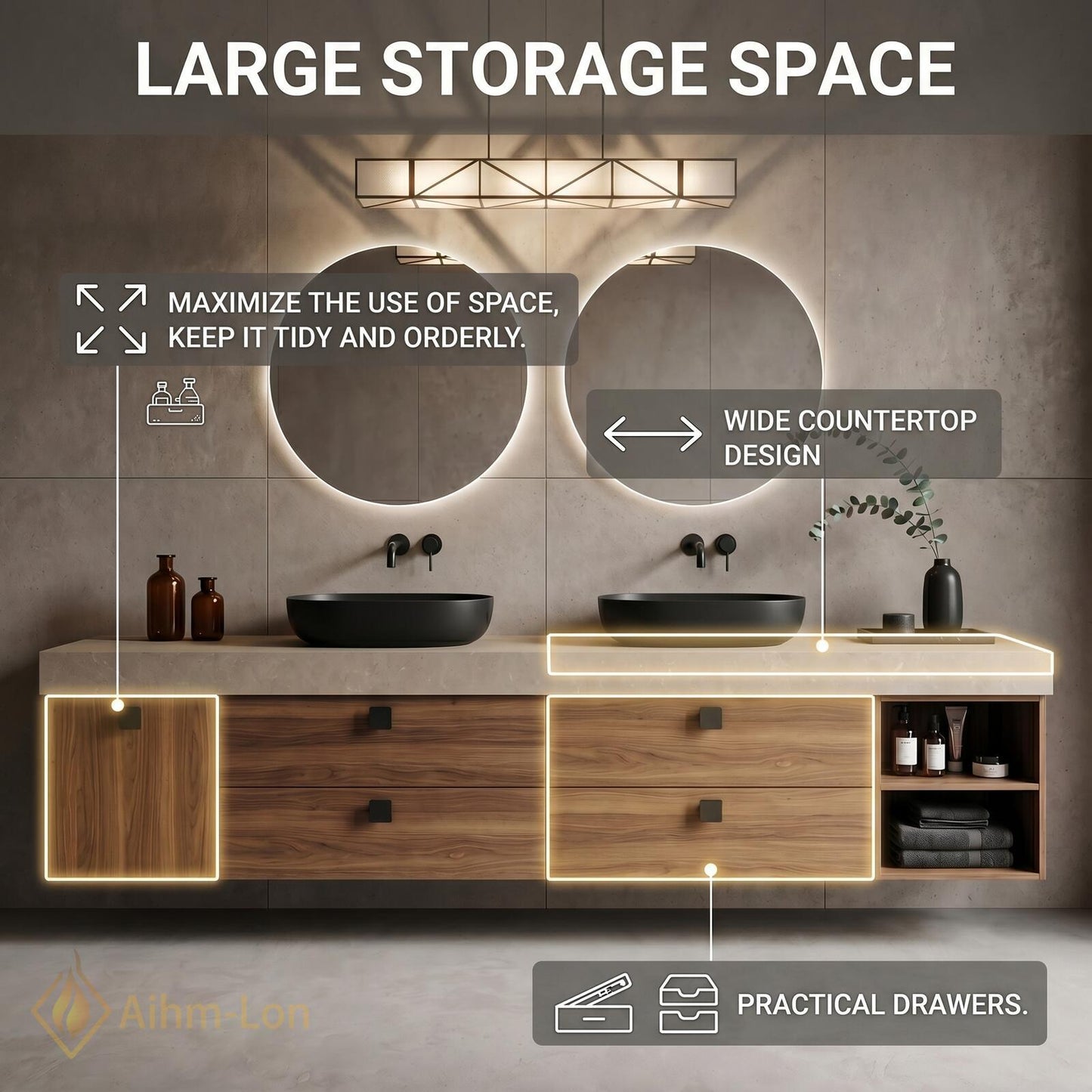 60''-96'' Double Bathroom Vanity with Sink Warm-Wood Modern Floating Slatted Open