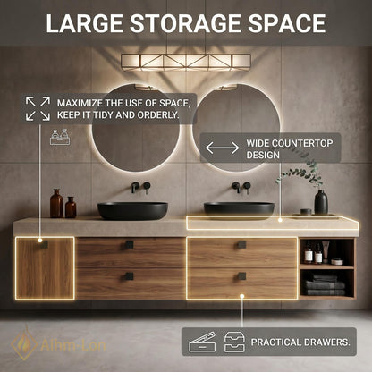 60''-96'' Double Bathroom Vanity with Sink Warm-Wood Modern Floating Slatted Open