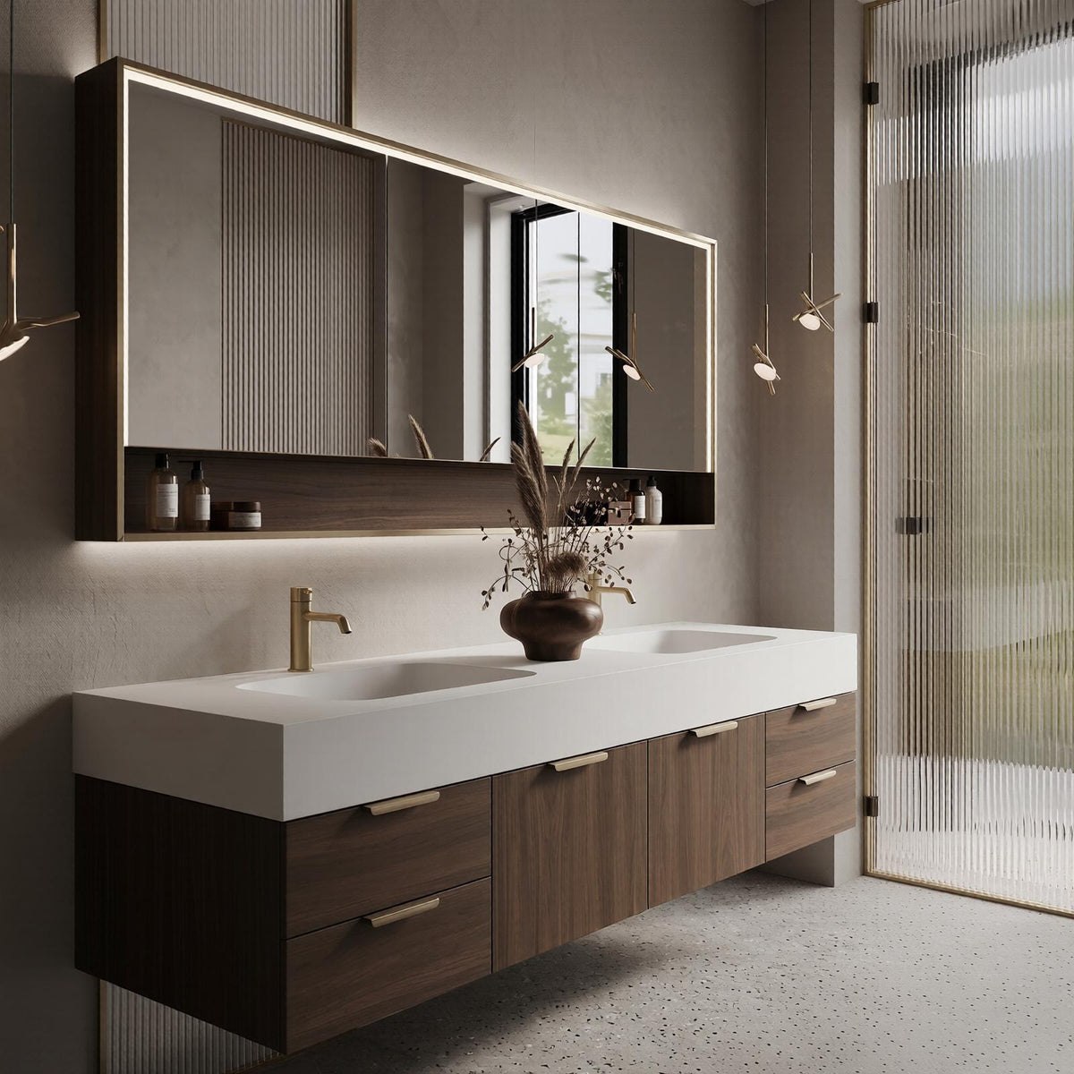 60''-96'' Double Bathroom Vanity with Sink Modern Floating Walnut Finish Fluted Mirror Panel