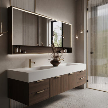 60''-96'' Double Bathroom Vanity with Sink Modern Floating Walnut Finish Fluted Mirror Panel