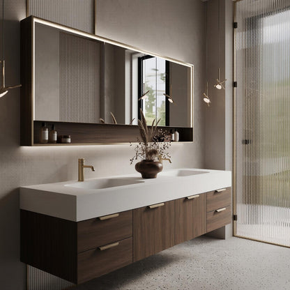 60''-96'' Double Bathroom Vanity with Sink Modern Floating Walnut Finish Fluted Mirror Panel