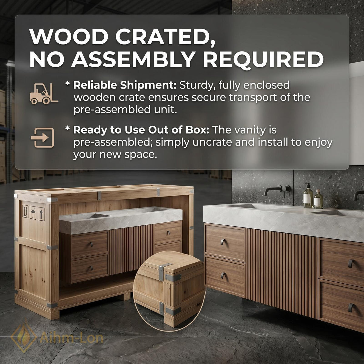 60''-96'' Double Bathroom Vanity with Sink Sleek Dark Grey Stone Central Slatted