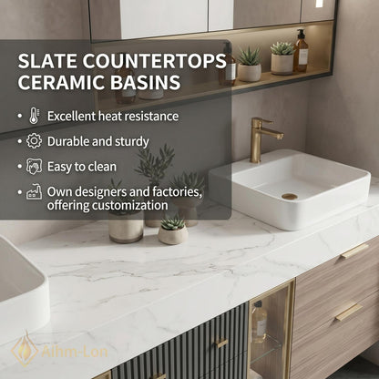 72''-96'' Double Bathroom Vanity with Sink Warm-Wood Floating Glass Storage Sleek