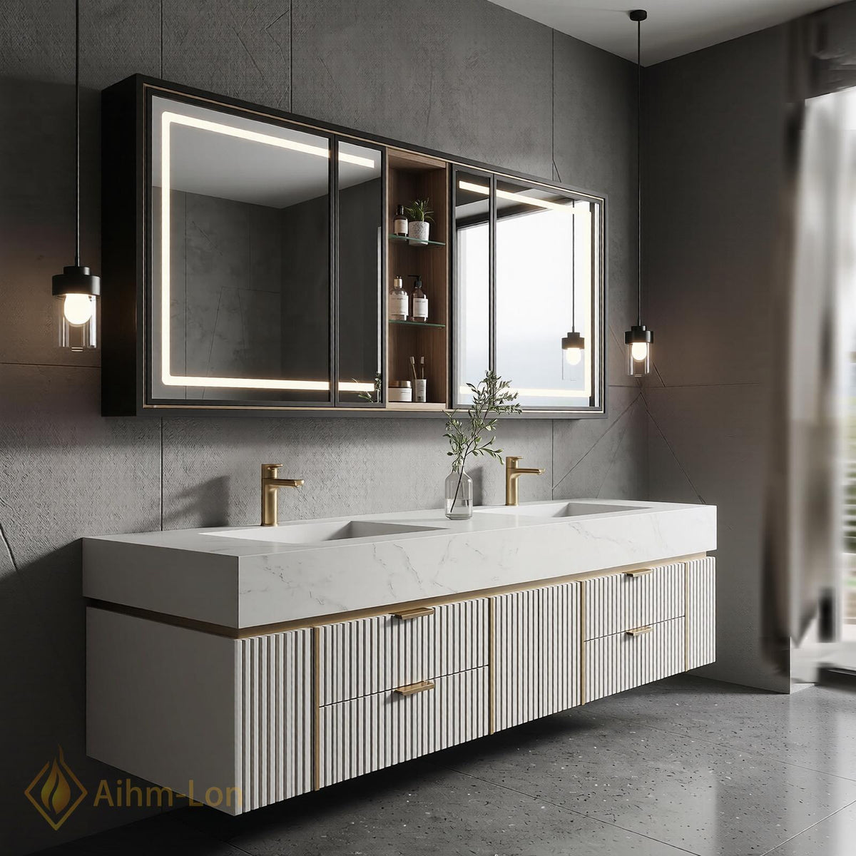 78''-96'' Bathroom Vanity with Sink Floating Double Fluted Marble Effect