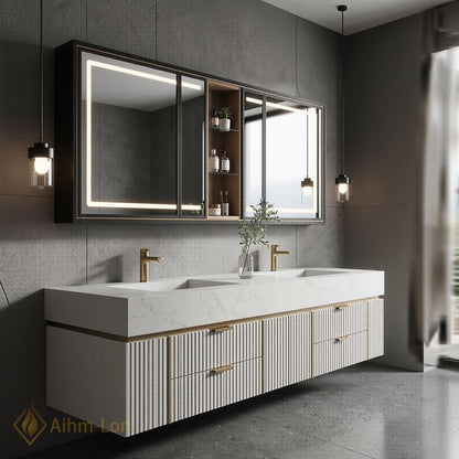 78''-96'' Bathroom Vanity with Sink Floating Double Fluted Marble Effect