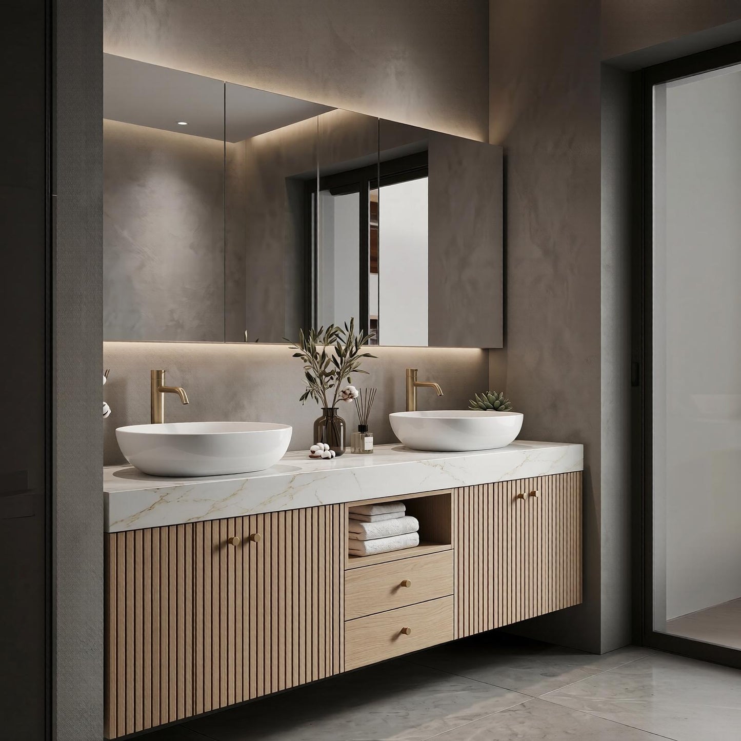 60''-96'' Modern Bathroom Vanity with Sink Double Sink Light Oak Veneer Slatted Niche Cabinet