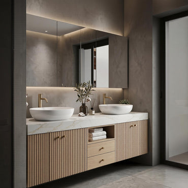 60''-96'' Modern Bathroom Vanity with Sink Double Sink Light Oak Veneer Slatted Niche Cabinet