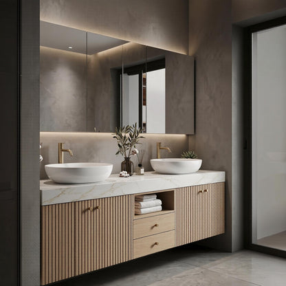 60''-96'' Modern Bathroom Vanity with Sink Double Sink Light Oak Veneer Slatted Niche Cabinet