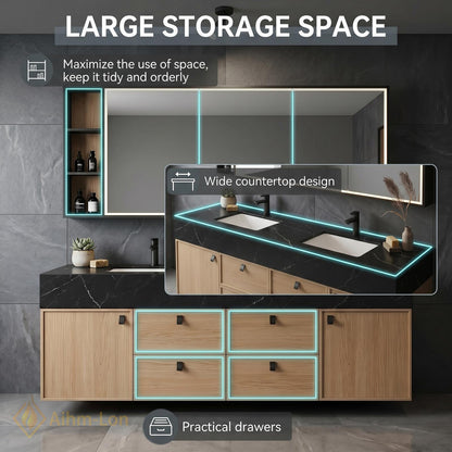 60''-96'' Double Bathroom Vanity with Sink Floating Light Wood Finish Mirror Cabinet