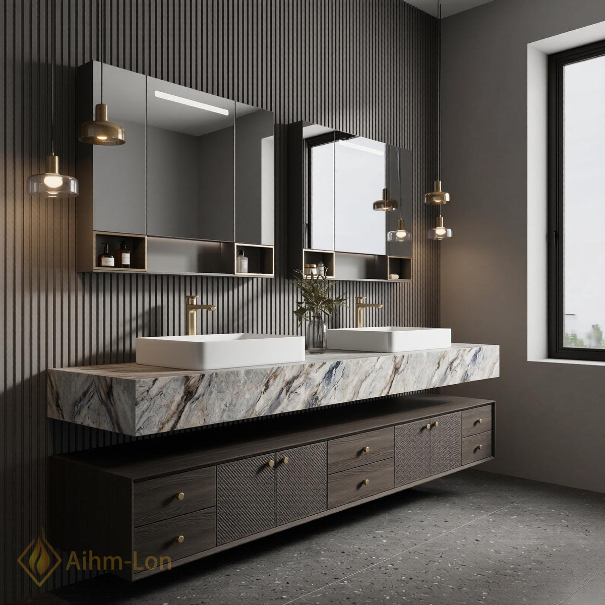 76''-96'' Double Bathroom Vanity with Sink Marble Top Glass Mirror Cabinets Storage