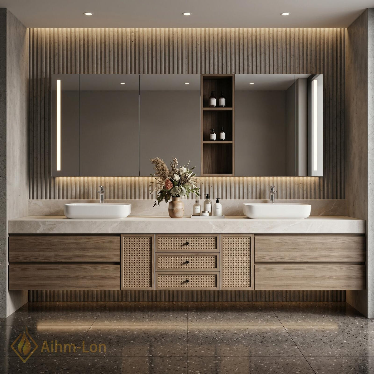 76''-96'' Double Bathroom Vanity with Sink Warm Oak Grain Rattan Drawer Pulls