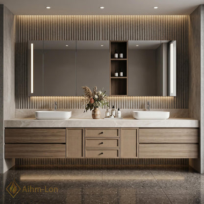 76''-96'' Double Bathroom Vanity with Sink Warm Oak Grain Rattan Drawer Pulls