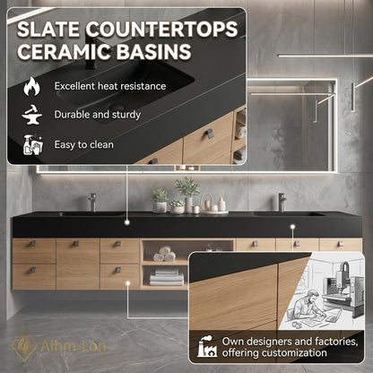 60''-96'' Double Bathroom Vanity with Sink Dark Matte Top Light Wood Drawers