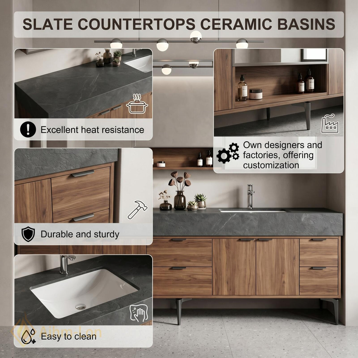 60''-96'' Double Bathroom Vanity with Sink Modern Floating Dark Stone Under-Cabinet Drawers