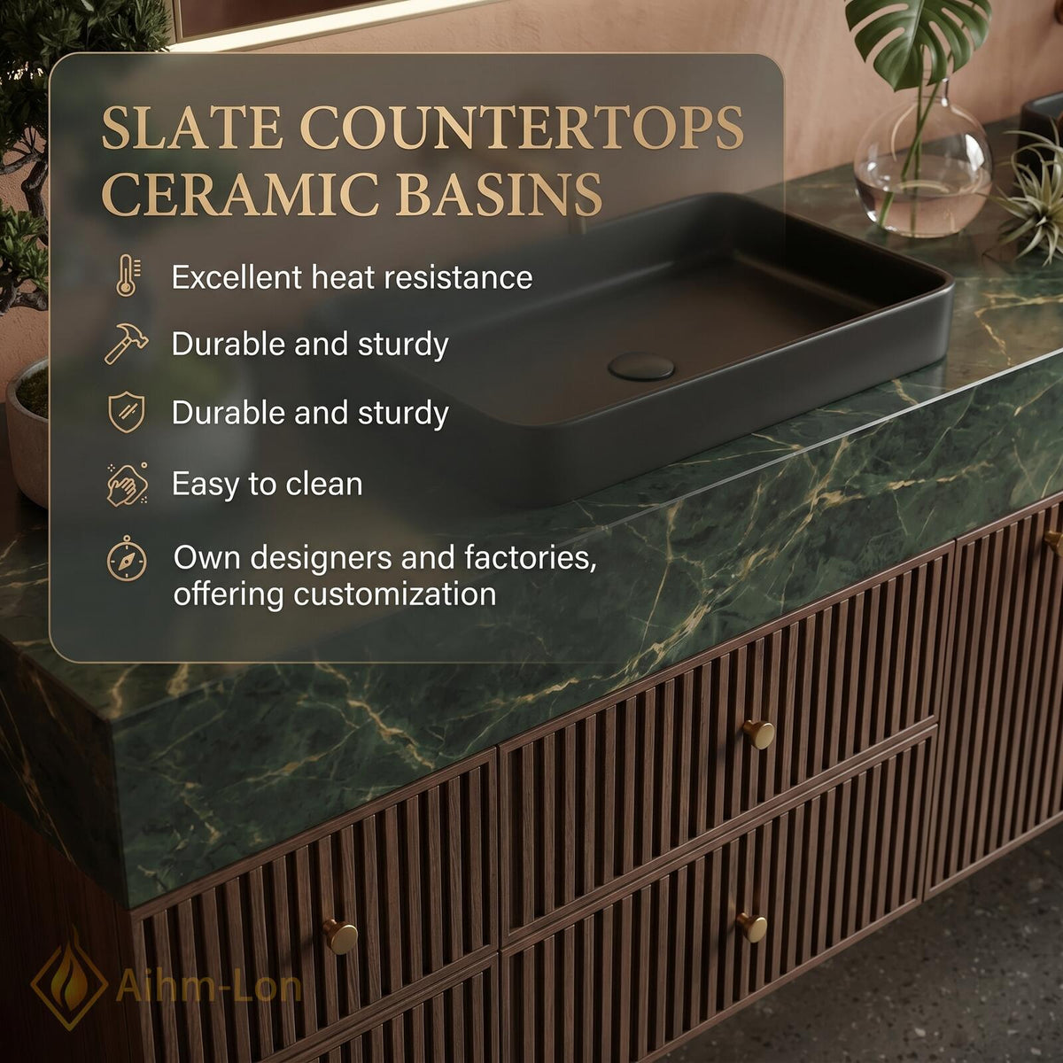 60''-96'' Double Bathroom Vanity with Sink Modern Floating Dark Green Stone Top