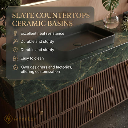 60''-96'' Double Bathroom Vanity with Sink Modern Floating Dark Green Stone Top