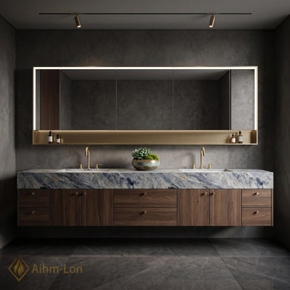 60''-96'' Double Bathroom Vanity with Sink Marble Effect Open Drawer Storage