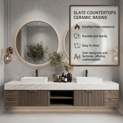 70''-96'' Modern Bathroom Vanity with Sink Double Vessel Slatted Marble Patterned Top Cabinet