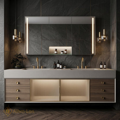 72''-96'' Double Bathroom Vanity with Sink Wood Modern Floating Glass Doors Solid
