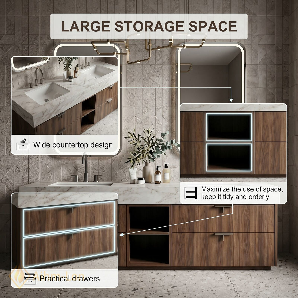 60''-96'' Bathroom Vanity with Sink Floating Storage Drawers Marble Top Double Geometric