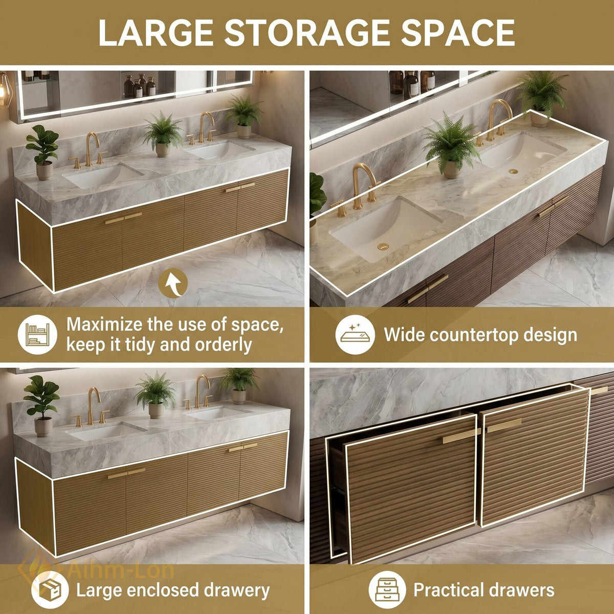 60''-96'' Double Bathroom Vanity with Sink Spacious Mirror Cabinet Luxurious Marble Top