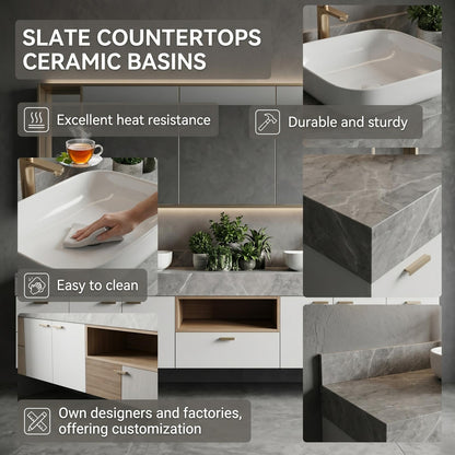 60''-96'' Double Bathroom Vanity with Sink Modern Floating Grey Marble Top White Cabinet