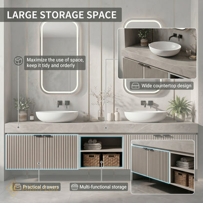 60''-96'' Double Bathroom Vanity with Sink Ribbed Doors Open Central Storage
