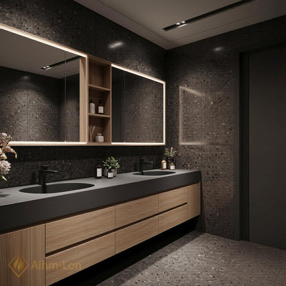60''-96'' Double Bathroom Vanity with Sink Grey Stone Countertop Spacious Storage