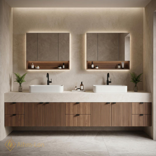 60''-96'' Double Bathroom Vanity with Sink Modern Floating Fluted Wood Panels Vessel