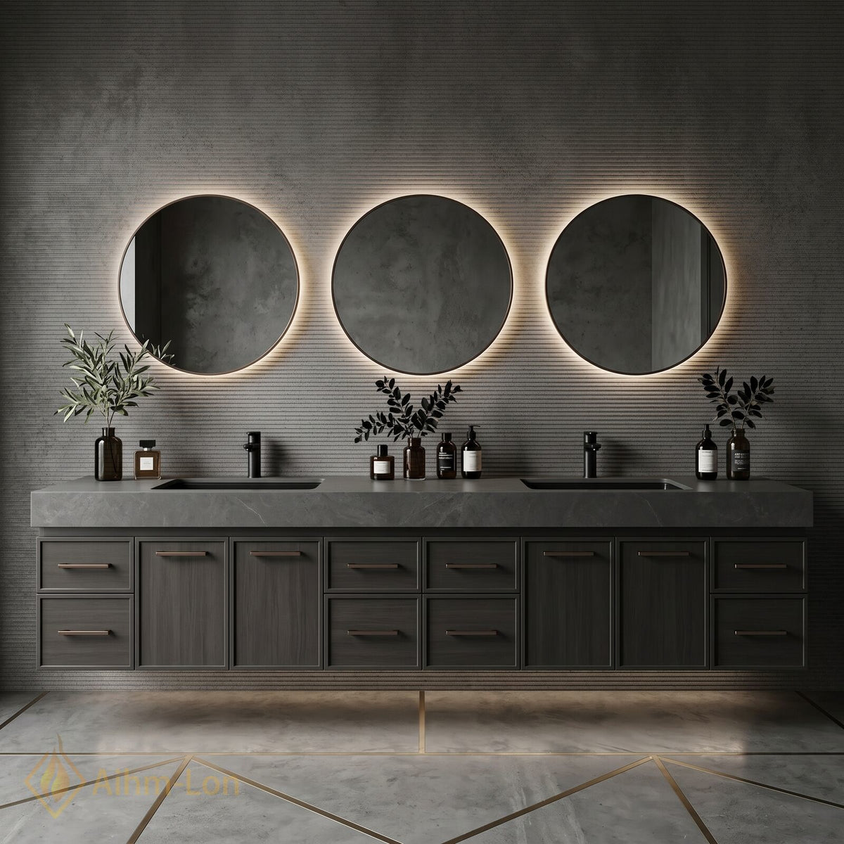78''-96'' Double Bathroom Vanity with Sink Sleek Dark Grey Finish Drawer Access