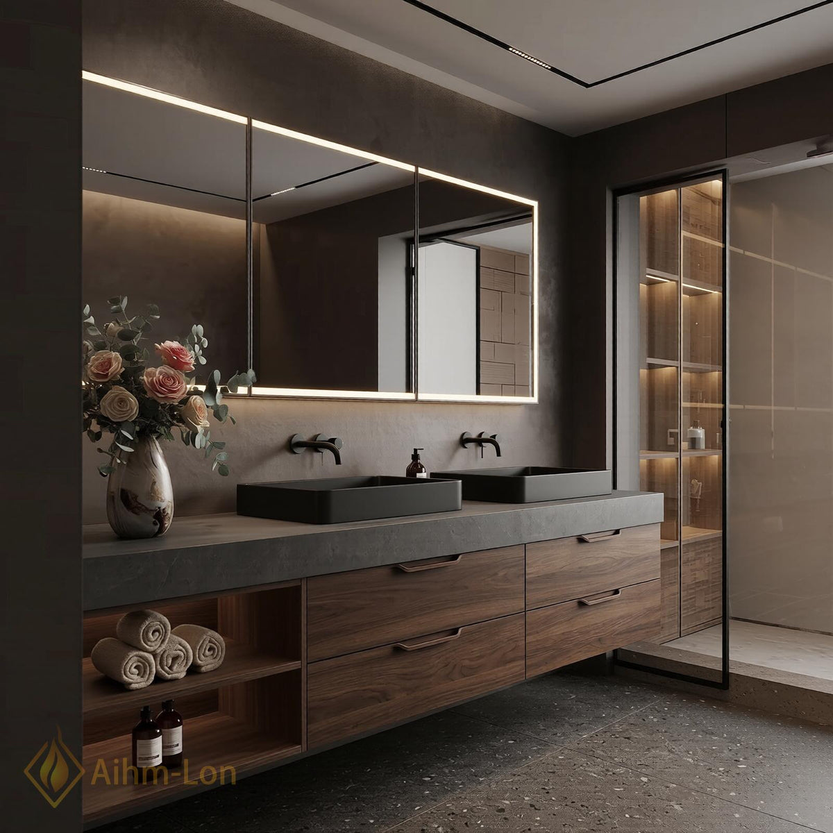 60''-96'' Double Bathroom Vanity with Sink Modern Floating Walnut Finish Slatted Panel