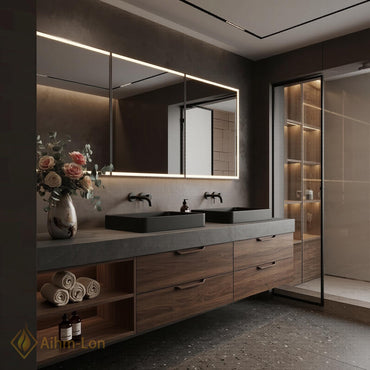 60''-96'' Double Bathroom Vanity with Sink Modern Floating Walnut Finish Slatted Panel