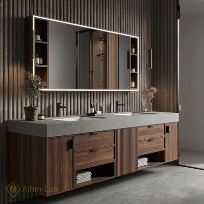 70''-96'' Bathroom Vanity with Sink Sleek Floating Slatted Center Rich Walnut Finish