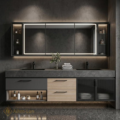 60''-96'' Double Bathroom Vanity with Sink Ribbed Panel Matte Dark Finish