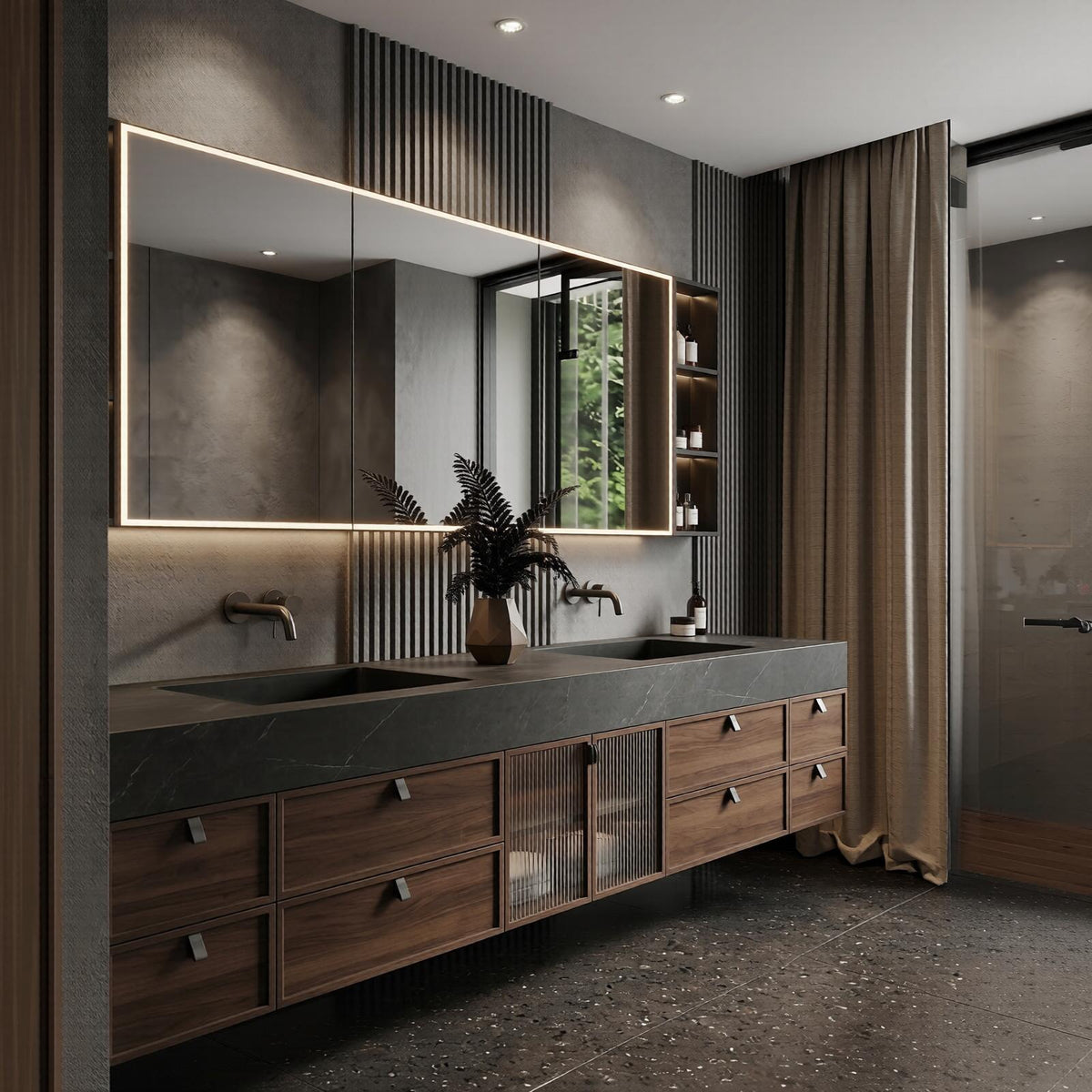 60''-96'' Double Bathroom Vanity with Sink Modern Floating Slatted Wood Dark Stone Top