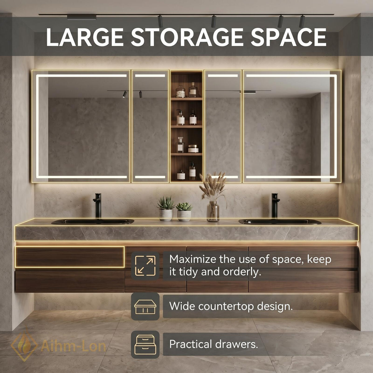 60''-96'' Double Bathroom Vanity with Sink Sleek Floating Grey Stone Top Dark