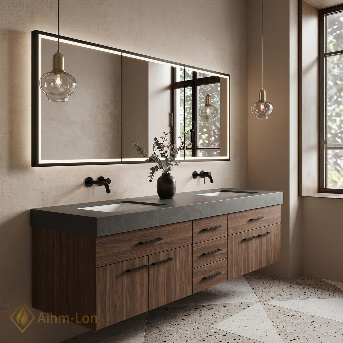 60''-96'' Double Bathroom Vanity with Sink Floating Dark Grey Marble Wood Panels