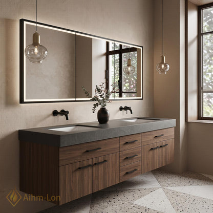 60''-96'' Double Bathroom Vanity with Sink Floating Dark Grey Marble Wood Panels