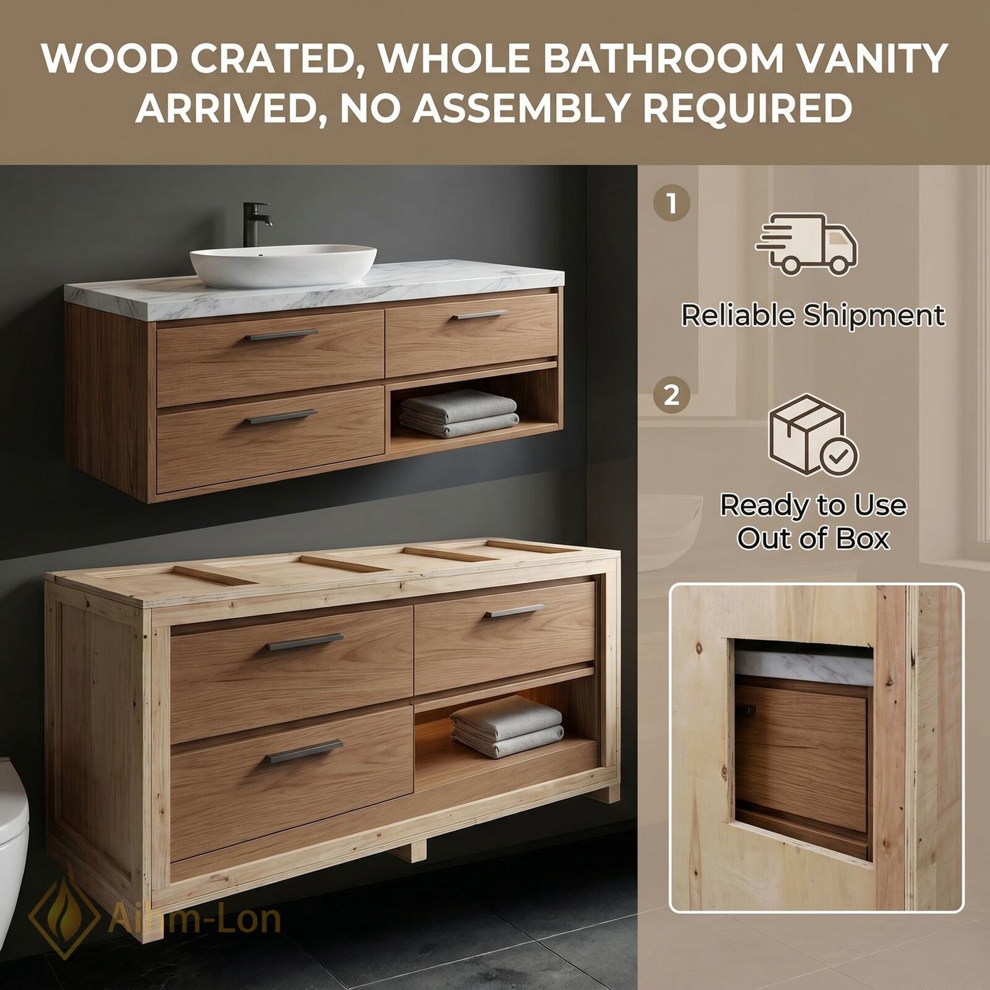 36''-64'' Modern Bathroom Vanity with Sink Floating Wood Grain Marble Illuminated Drawers