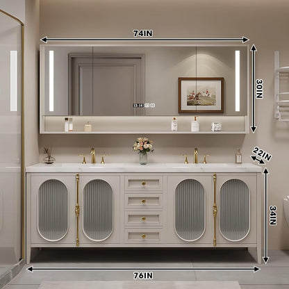 58"-96"Modern Bathroom Vanity Includes Fine Copper Metal Texture Handle & Striped Glass Door Storage