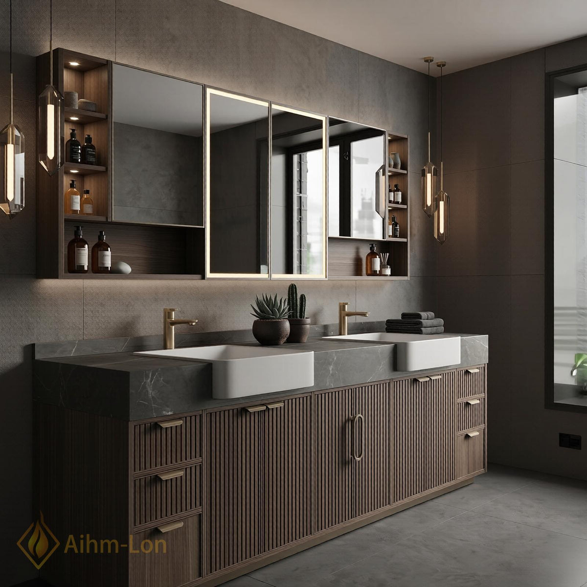 60''-96'' Double Bathroom Vanity with Sink Dark Gray Stone Fluted Front Panels