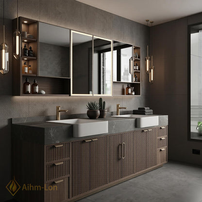 60''-96'' Double Bathroom Vanity with Sink Dark Gray Stone Fluted Front Panels