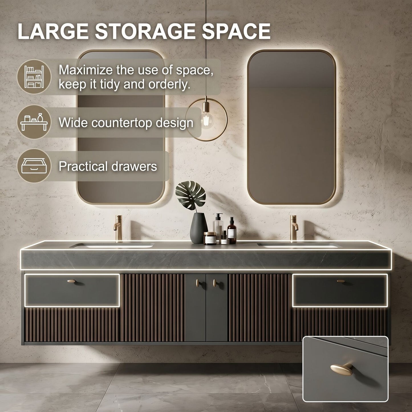 60''-96'' Modern Bathroom Vanity with Sink Double Sink Dark Textured Stone Floating Cabinet