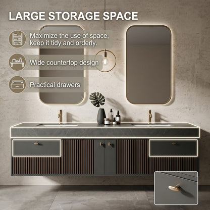 60''-96'' Modern Bathroom Vanity with Sink Double Sink Dark Textured Stone Floating Cabinet