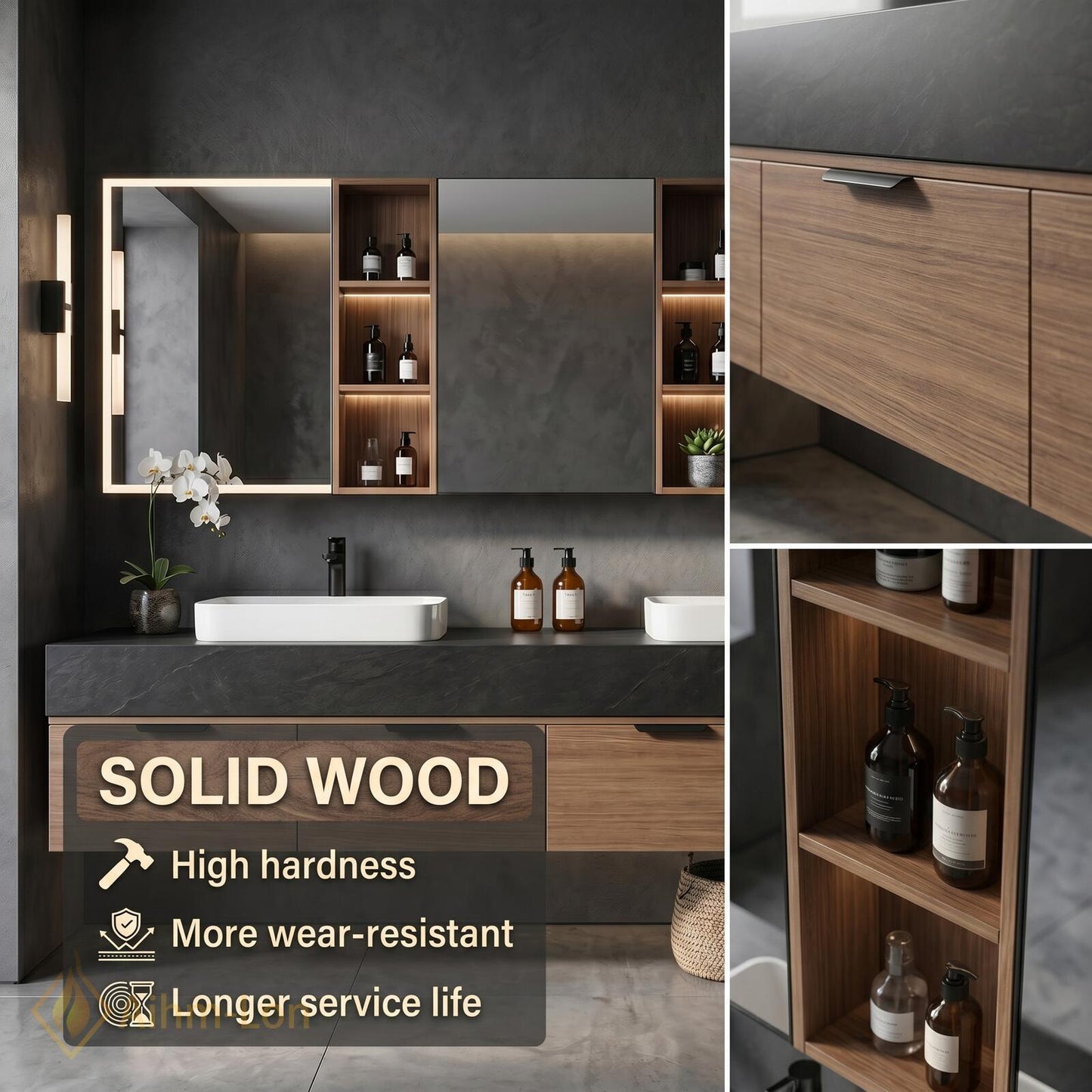 60''-96'' Double Bathroom Vanity with Sink Dark Warm-Wood Modern Floating Stone