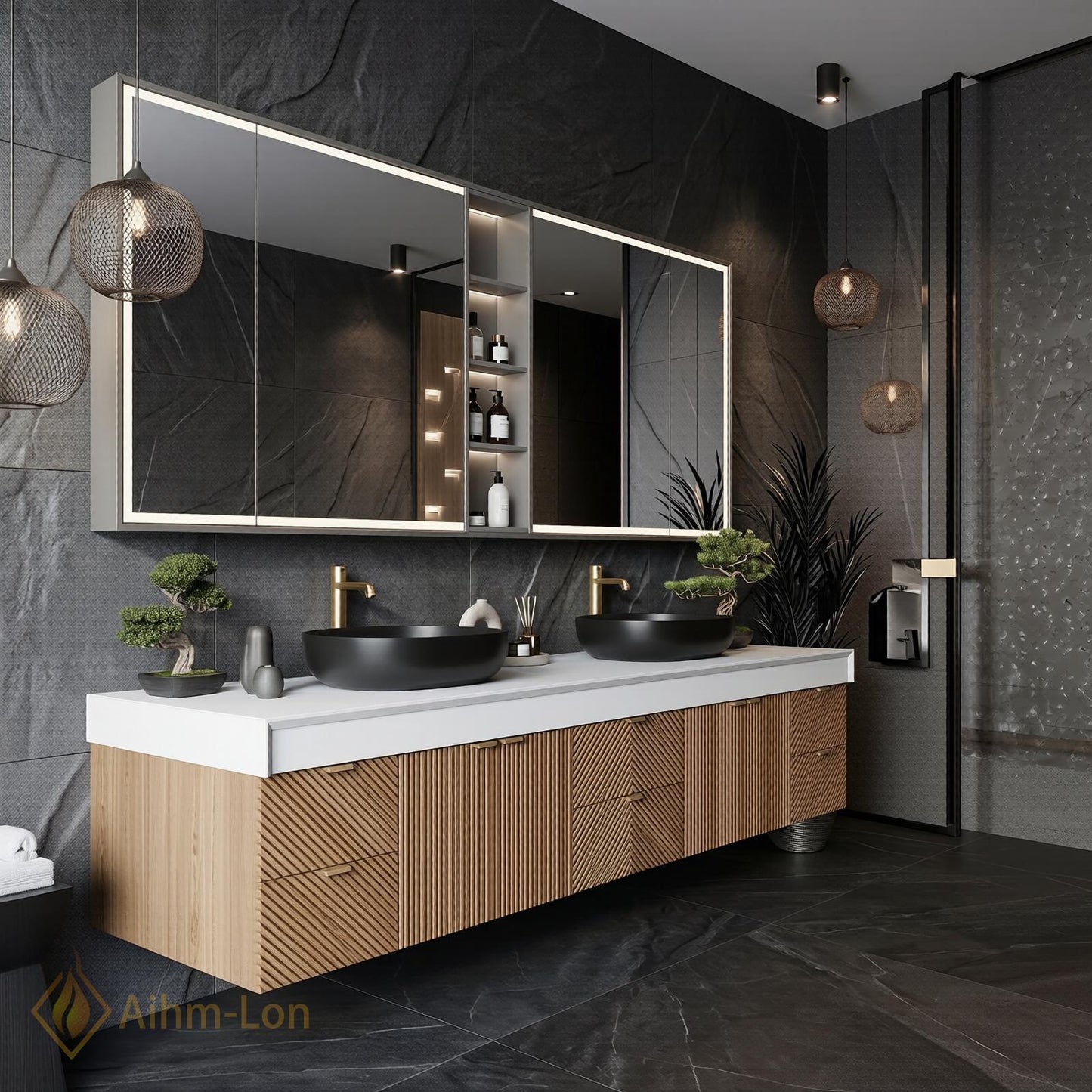78''-96'' Modern Bathroom Vanity with Sink Floating Dark Wood Slatted Mirror Cabinet